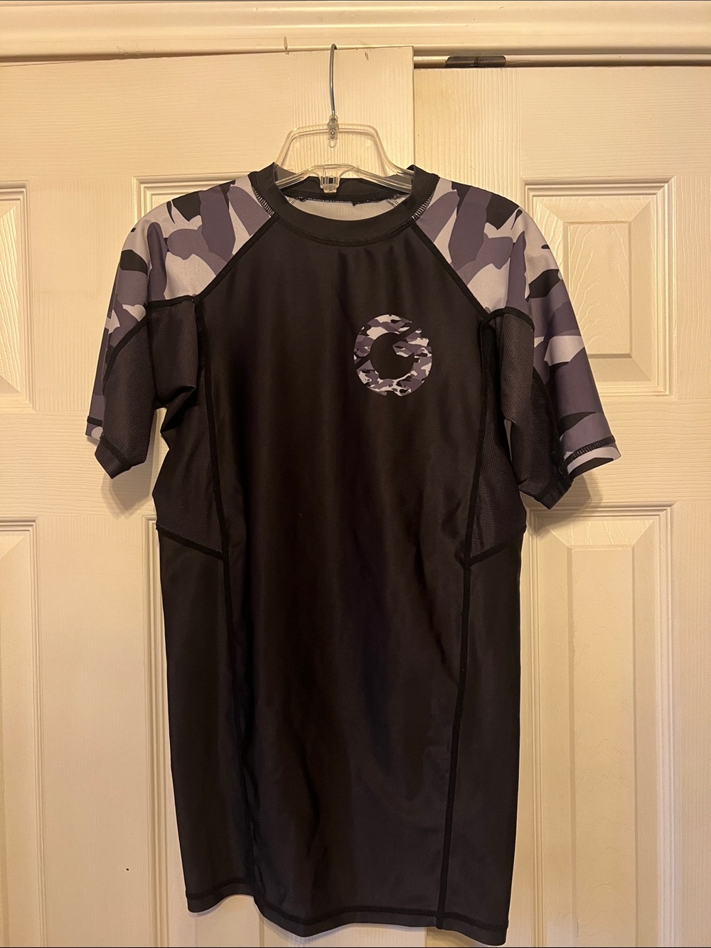 Gold BBJ Black Rash Guard Compression with Gray Camouflage Sleeves